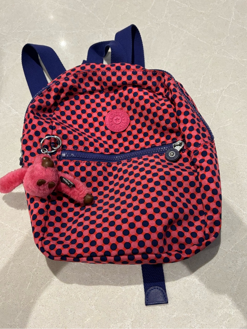 Kipling Small Nylon Backpack Coral Pink Navy Polka Dot w/ Monkey Patricia